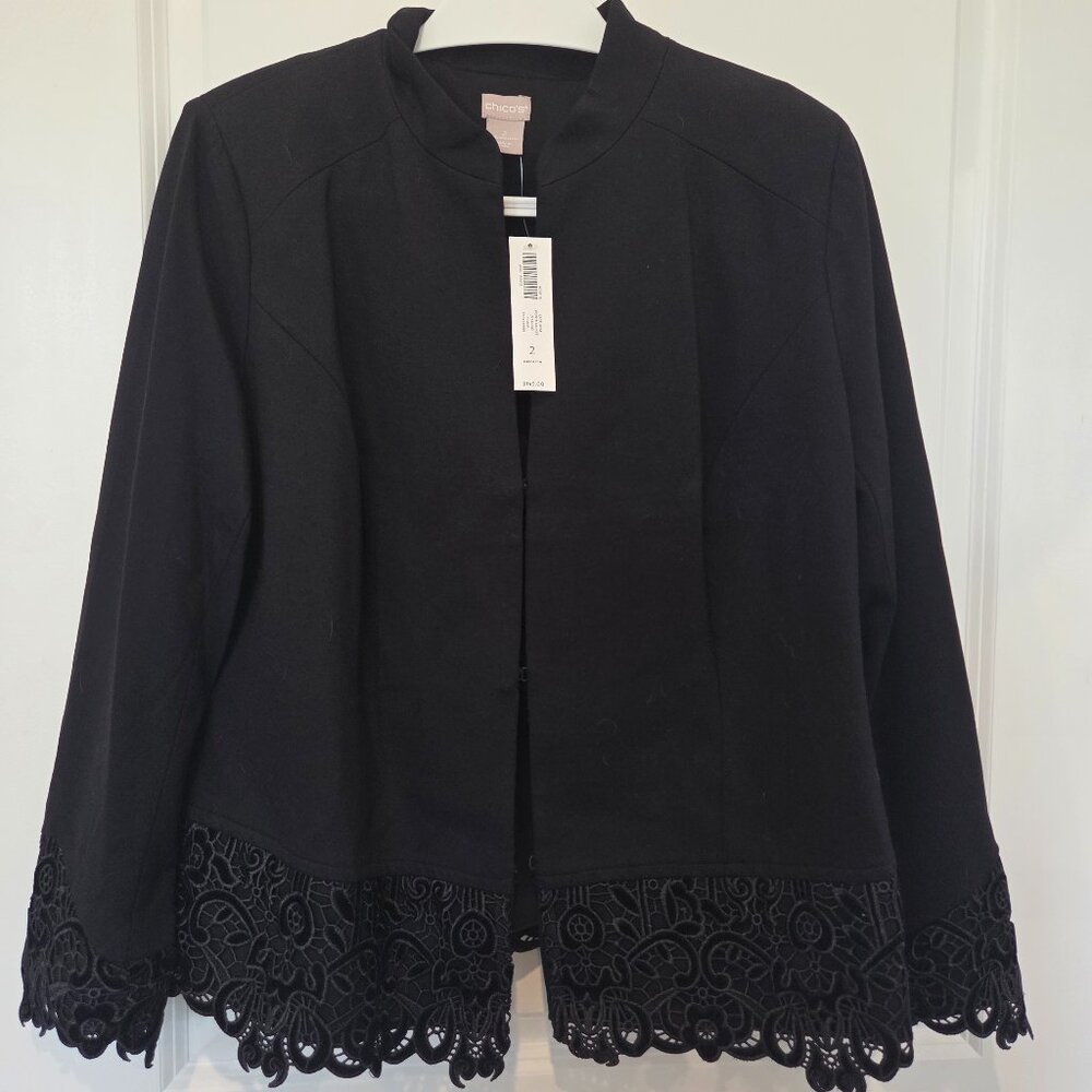 Chico's Dressy Black Long Sleeve Blazer with fancy trim. NWT Size 2 / Large / 14